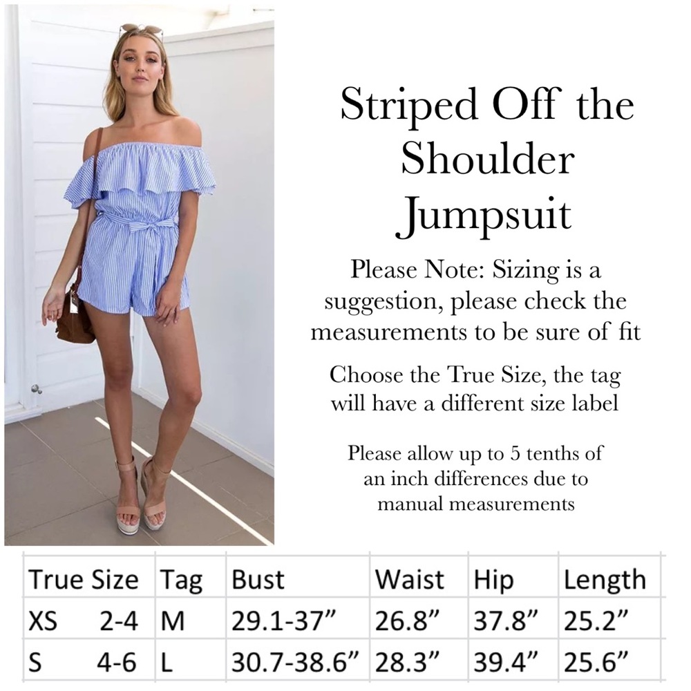 Blue Striped Off Shoulder Jumpsuit with Tie Waist - Picture 14 of 14